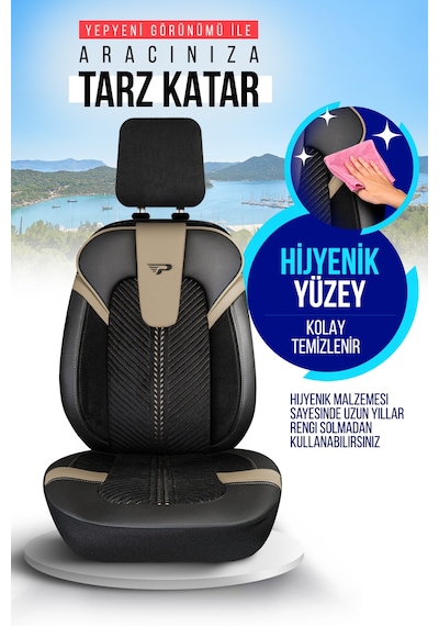 Siyah - Bej Garni Panda Monte Carlo Serisi Velor Kadife Kumaş Oto Koltuk Kılıfı - Tam Set