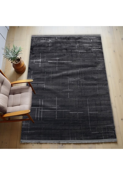 Antrasit Rengi Lotus Bambu Model Altı Kaymaz Makine Dokuma Halı-856 Renkli