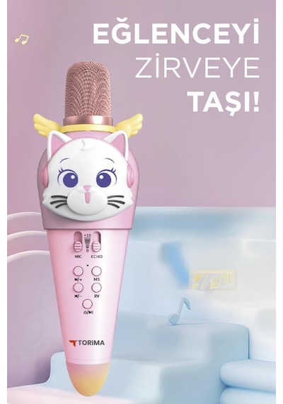 Torima KIDMIC02 Pembe Kedi Figürlü Şarjlı Bt Karaoke Mikrofon Ve Hoparlör 5W Kablosuz Mikrofon