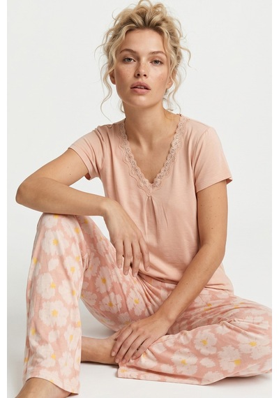 Siyah İnci Dantelli Viskon Örme Pijama Takım 8065 Somon