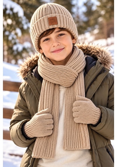 Miniko Kids Kitti 26180-07 Erkek 9-15 Yaş Atkı Bere Eldiven Set Bej