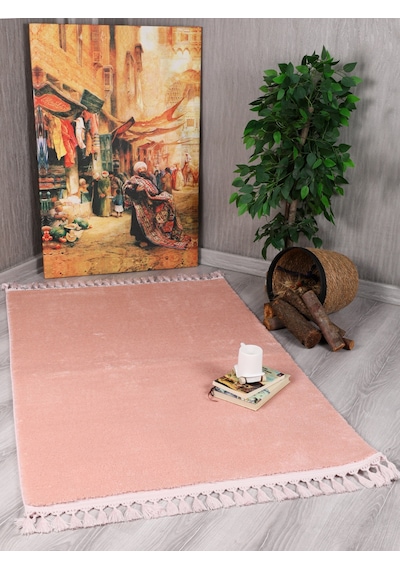 My Evilla Modern Dekoratif Örgü Saçaklı Simirna Peluş Halı Yolluk Pembe