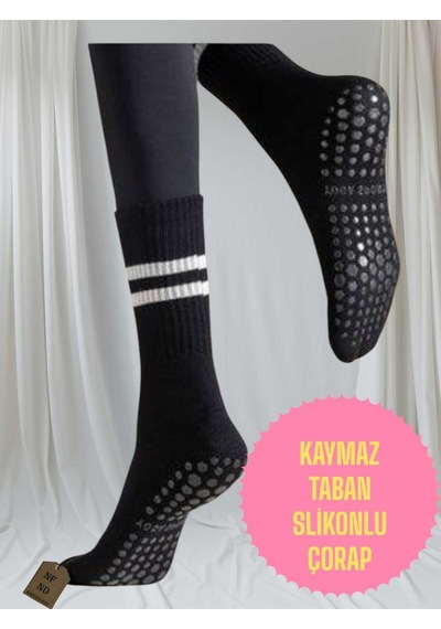 Enefendi 2 Çift Yoga Pilates Çorabı Kadın Kaymaz Silikon Taban Pamuklu Soket Tenis Çorap Havlulu Siyah Beyaz. Gri