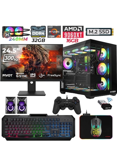 Xaser Nova X50 R7-5700X 32 GB 1 TB M.2 NVMe SSD 16 GB RX9060XT 24.5" Free Dos Masaüstü Oyuncu Bilgisayarı