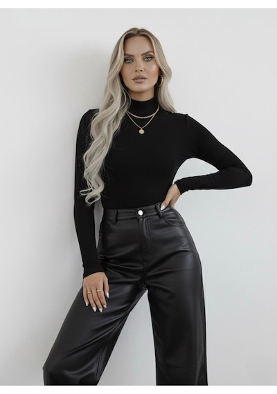 Hashtag Kadın Balıkçı Yaka Uzun Kollu Body 4'lü Set Viskon Kumaş Siyah