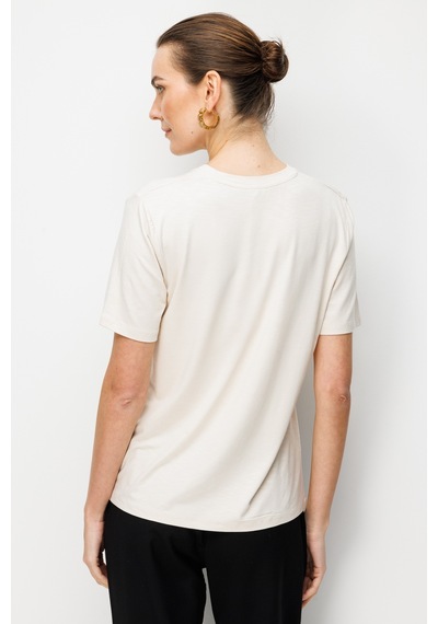 Kadın V Yaka Flamlı Kumaş Basic Tshirt Bej Bej
