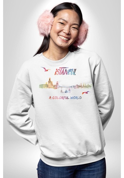İstanbul Özel Tasarım Unisex Beyaz Sweatshirt Beyaz