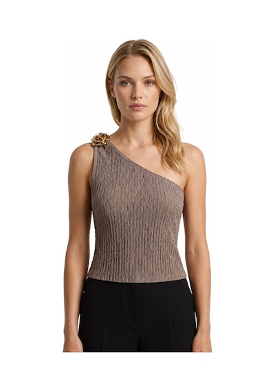 Cottonhıll Premium - Tide Collection Vizon Tek Omuz Çiçek Aksesuarlı Bürümcük Dokulu Kadın Crop Bluz VİZON