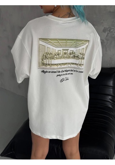 Novalisse Kadın Baskılı T-shirt Kısa Kol Bisiklet Yaka Oversize Tişört - Beyaz Çoklu Renk