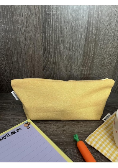 Soft Keten Yıkanabilir Fermuarlı Tek Gözlü Bez Kalemlik Kalem Kutusu Cüzdan Makyaj Çantası Sarı Genel