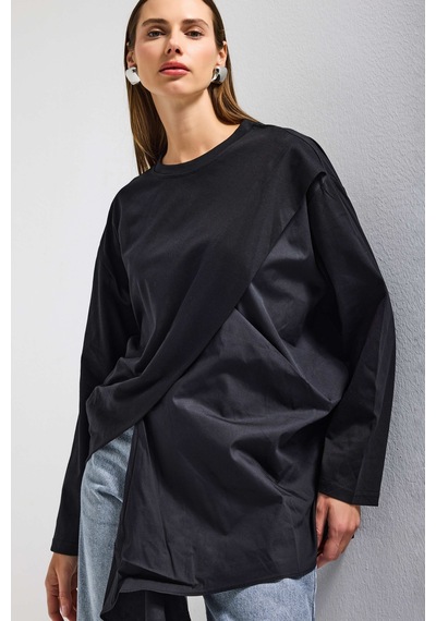 it's basic Kadın Siyah W5 Oversize Çift Parça Tasarım Gömlek Sweatshirt