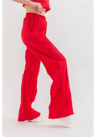 Bold & Young Kraşlı Cepli Beli Lastikli Viskon Polyester Dokuma Pantolon Kırmızı