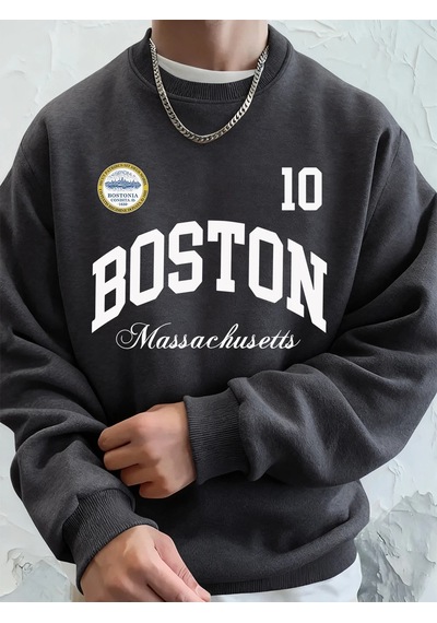 Startmore Tarzsokak Boston Massachusetts Baskılı Erkek Tişörtü Sonbahar Gevşek Kapüşonlu Üst Hip Hop Bisiklet Yak Antrasit