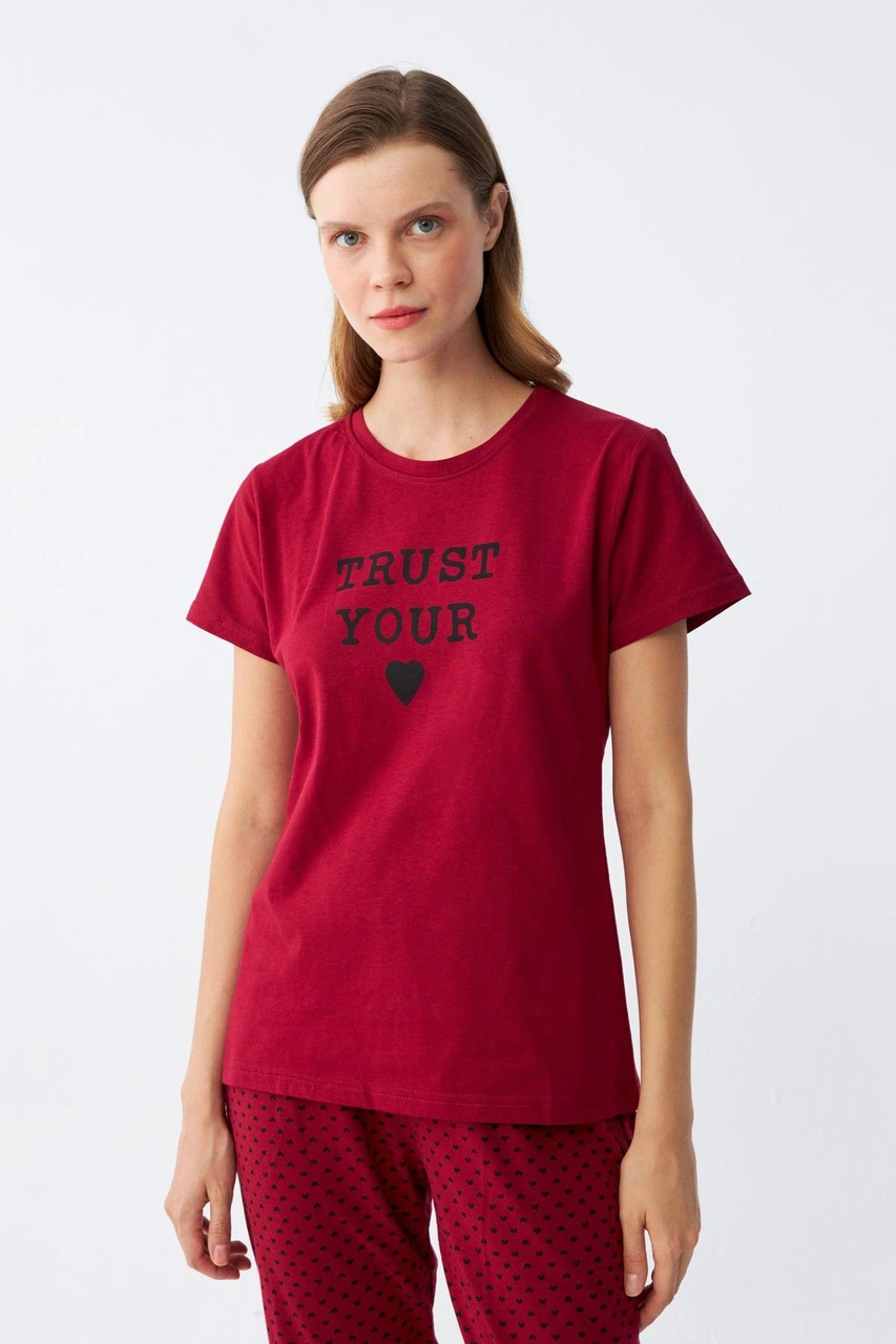 Akbeniz Kadın Bordo Kalp Desenli Kısa Kollu Penye Pijama Takımı Bordo