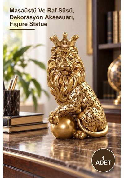 1 Adet Polyester Dekoratif Taçlı Aslan Figürü Masaüstü Ve Raf Süsü, Dekorasyon Aksesuarı, Figure Statue