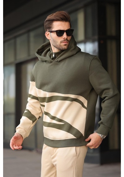 Madmext Haki Kapüşonlu Fermuar Yaka Desenli Erkek Sweatshirt E7162 Haki
