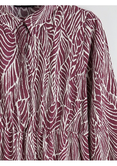 Lcw Modest Bordo Gömlek Yaka Desenli Belden Oturtmalı Elbise
