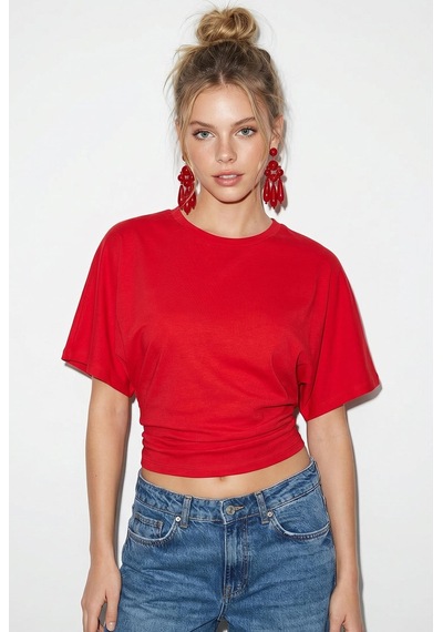 Shade Kadın Beli Büzgülü Bisiklet Yaka T-shirt Öt261003 60283996 - Kırmızı