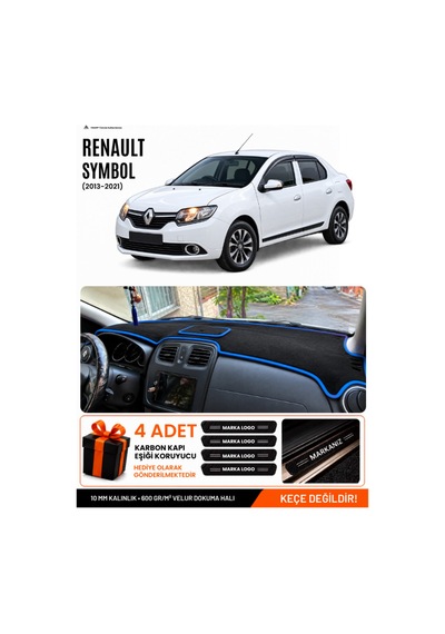 Renault Symbol Üst Kapaklı 2013-2021 Uyumlu Torpido Örtüsü, Torpido Kılıfı - Siyah-mavi - Re014