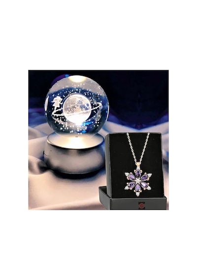 Kişiye Özel Satürn Işıklı Cam Küre 8cm 6cm Lotus Kamelya Çiçeği Kolye Hediyeli