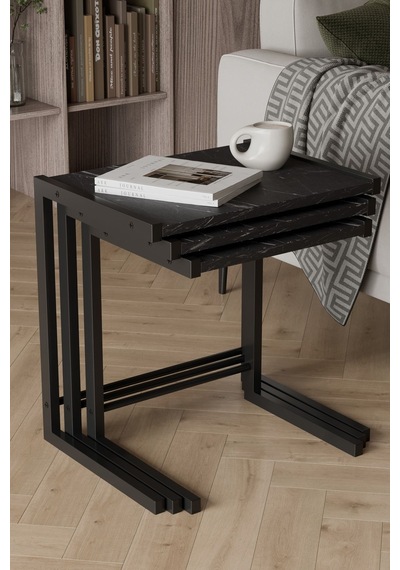 Bronte 3 Lü Zigon Sehpa, Metal Zigon Sehpa Siyah Mermer
