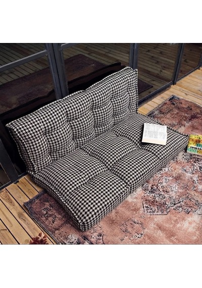 Fransız Dikim Kadife Döşemelik Kumaş El İşçiliği Alt Üst Oturma Minderi 125x70cm Siyah - Beyaz