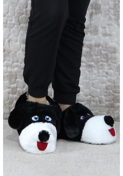 Fort Sevimli Köpek Figürlü Peluş Panduf Hayvanlı Yumuşak Kadın Panduf Siyah