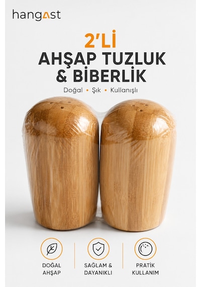 Bambu 2'li Ahşap Tuzluk Biberlik Seti Doğal Ahşap Tuz Ve Baharatlık Mutfak Masa Üstü Baharatlık Bej