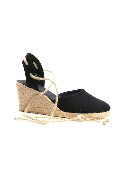 Gerçek Elişi Topuğu Açık Bilekten Bağlamalı Bej Dolgu Topuk Keten Hasır Espadril Handmade Siyah