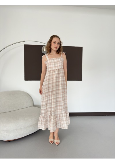 Verymoda Kadın Ekose Desenli Askı Bağlama Detaylı Maxi Elbise Kahve