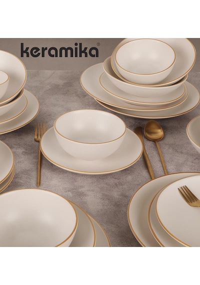 Keramika Mat Beyaz El Dekor Altın 24 Parça 6 Kişilik Yemek Takımı