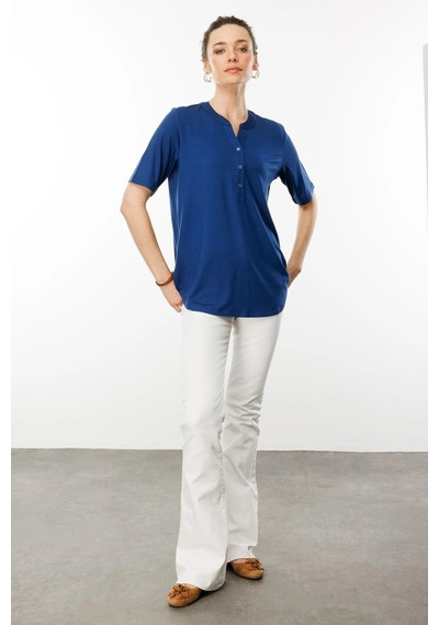 Desen Triko Kadın Yakası Düğmeli Penye T-shirt 25764 Indigo Indigo