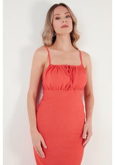 Lela Önü Büzgülü Ip Askılı Yırtmaçlı Fitted Midi Bayan Elbise 5865362 Nar Çiçeği