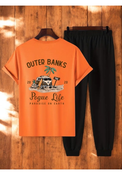 Uyguntarz Unisex Outer Banks Tasarım Basklı Tshirt Eşofman Takımı Turuncu
