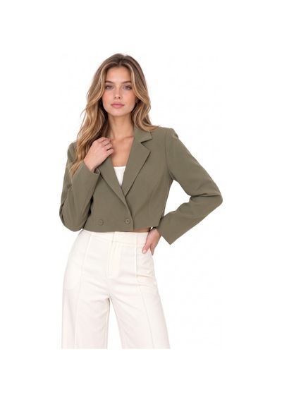Saade Haki Kadın Regular Fit Kruvaze Kapama Dokuma Crop Blazer Ceket -şık & Spor