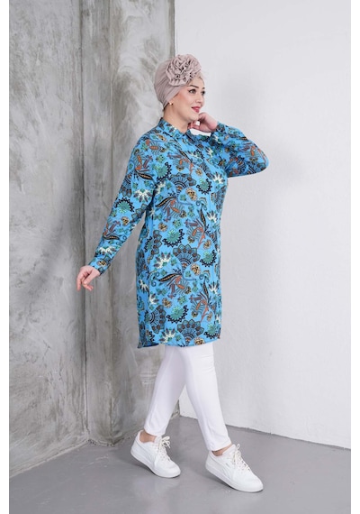 Polologin Butik Bitki Desenli Mavi Gömlek Tunik Turkuaz