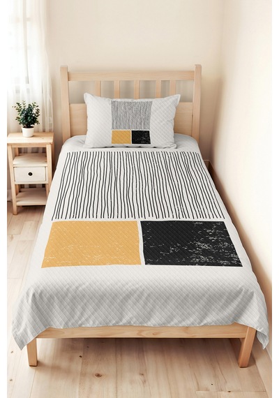Geometrik Çizgili Sarı Genç Odası Tek Kişilik Pike Takımı - Siyah 160x220 Cm Kapitone Yatak Örtüsü Keten Köy Anısı