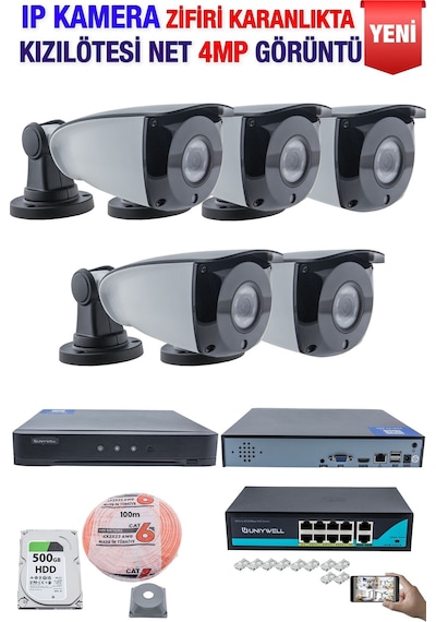 Ip Kamera Seti - 5 Ip Kamera - 10 Kanal Nvr - 8 Port Poe Switch, 500 Gb Disk, Gece Görüşlü Ir