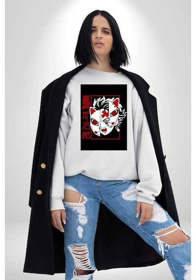 Anime İblis Avcısı Kimetsu No Yaiba Maske Unisex Beyaz Sweatshirt Beyaz