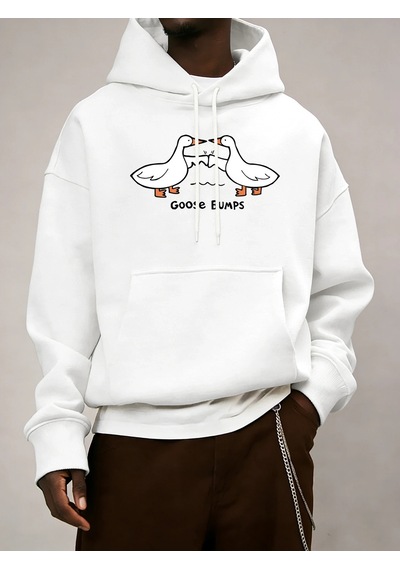 Startmore Tarzsokak Good Bumps Ducks Baskılı Erkekler Sonbahar Kapüşonlular Cep Trendy Tişörtü Rahat Hip Hop Uzun Beyaz