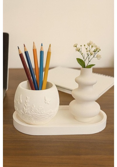 Dalgalı Vazo & Desenli Dekoratif 3 Lü Set - Beyaz