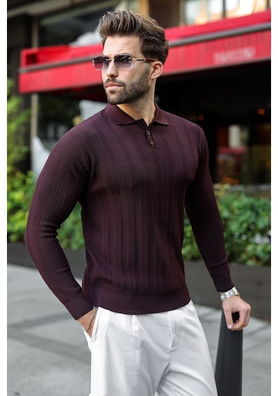 Madmext Mürdüm Düğmeli Polo Yaka Desenli Over Fit Erkek Triko Kazak E7520