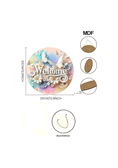 Kututr Çiçek Ve Kelebek Temalı Uv Baskı 3d Görünümlü Mdf Kapı Süsü Welcome Yazılı 33 Cm Ks009,çok Renk Çok Renkli