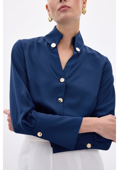 Sateen Çıt Çıt Detaylı Gömlek - İndigo-136557 İndigo