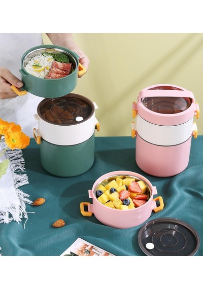 Bento 1800ml Lunchbox 3 Katlı Çelik Sefer Tası Pembe Çok Renkli