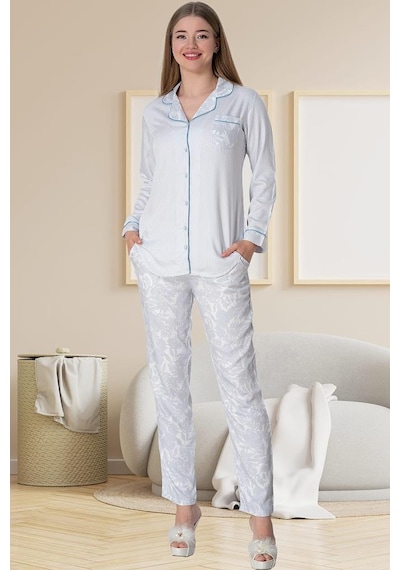 Mecit Pijama Mecit 5143 Bayan Mavi Boydan Düğmeli Uzun Kollu Pijama Takımı 001