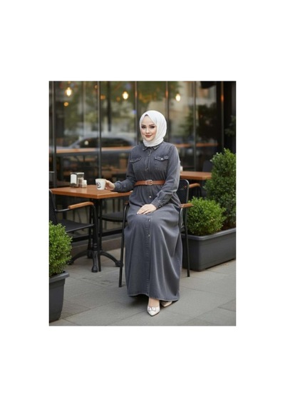 Hb Harma Time Butik Kadın Düğmeli Kemerli Denim Kot Siyah Elbise Siyah Siyah