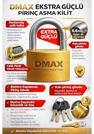 38 Mm Asma Kilit Anahtarlı Kilitleme Sistemi, Dayanıklı Metal Gövde, Güçlü Yapı, Kapı, Dolap, Depo, Raf, Zincir Ve Genel Güvenlik Kullanımı İçin Uygun