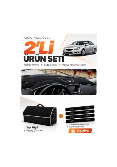 E-biz Chevrolet Cruze J300 Makyajsız 2008-2011 Uyumlu Torpido + Tay Tüyü Çanta - Siyah-gri - Ch006