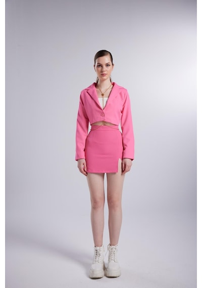 Holly Lolly Vatkalı Atlas Kumaş Crop Model Panky Ceket Pembe